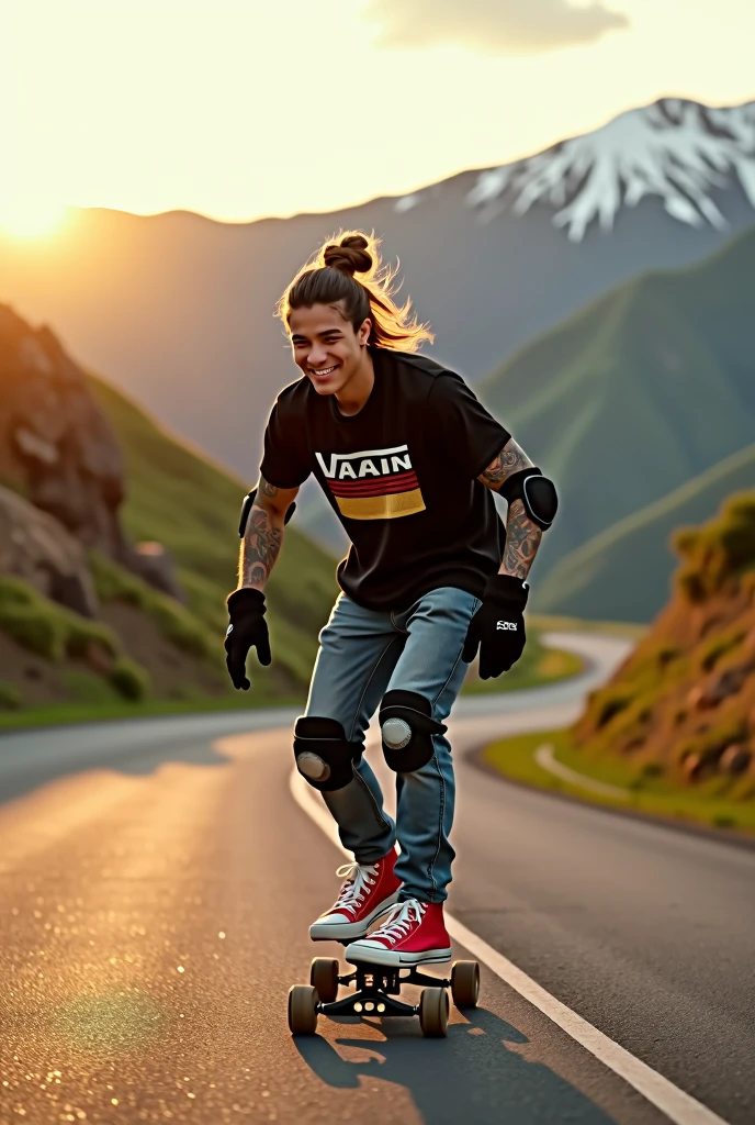 An adrenaline-filled shot of a Korean youn man with man bun hair covered in tattoos on his arms, confidently riding a skateboard down a winding mountain road, framed by the golden light of the setting sun. He is wearing a black t-shirt with a vintage VAN logo on his chest and a bag on his back, and denims jeans and use red converse shoes. The man dimple smiles at the camera, his hands protected by black gloves, adding a personal touch to the thrilling scene. He also wears knee and elbow pads, ensuring safety as he navigates the turns with ease. The background features rolling green hills and snow-capped mountains in the distance, creating a stunning contrast to the rider’s dynamic movements, amplifying the excitement. In the distance. The image exudes the thrill of downhill skateboarding, the beauty of the natural scenery, and the fearless energy of the rider, with an Instagram-worthy atmosphere.