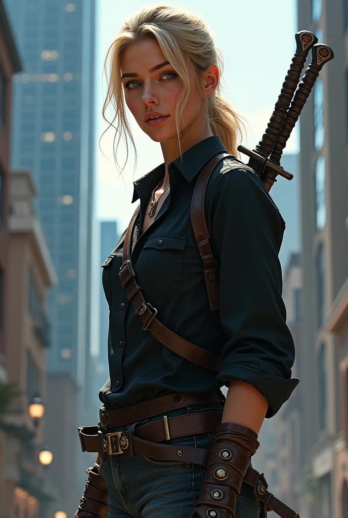 Realistic Photo, Very beautifull face, Dark blonde Hair, Sky blue eyes, browned skin, two swords on the back, wearing Jeans and a black Shirt, skyscraper in the Background,