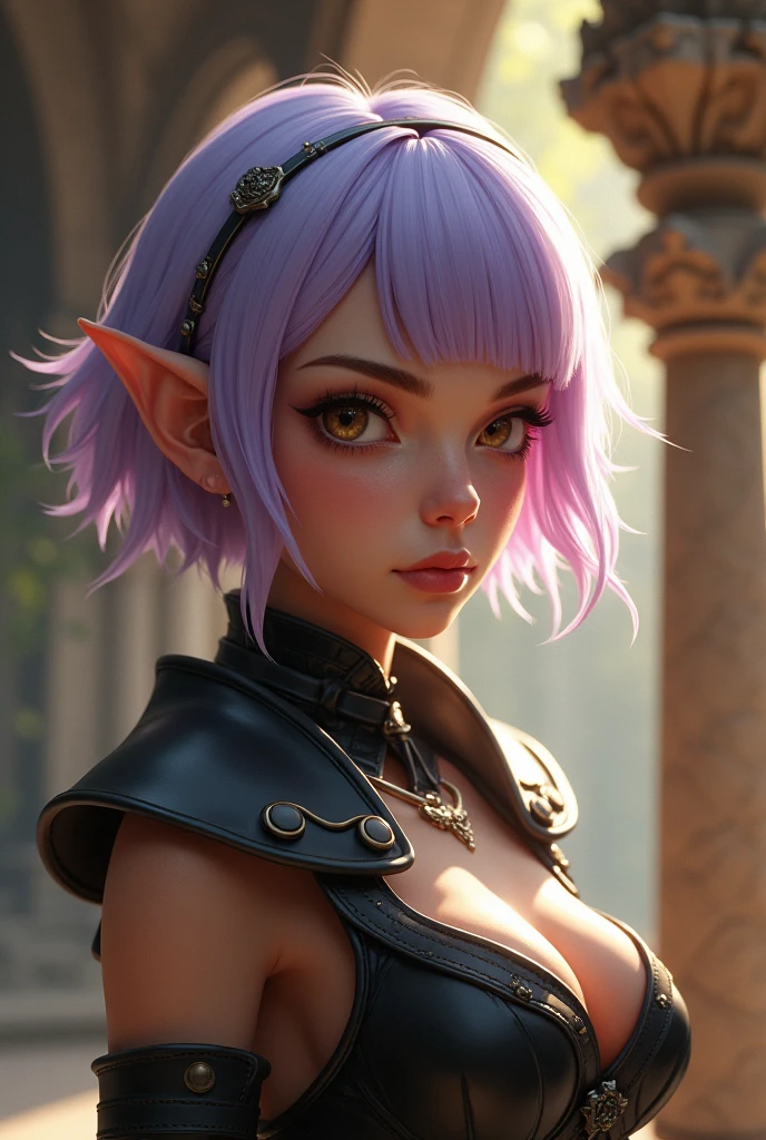 A close-up portrait of a beautiful female gnome character with sabrina, lavender hair, short hair and blunt bangs. She has a serious, determined expression with highly detailed and expressive eyes, delicate features, sensual lips, and flawless complexion. The character is wearing a fantasy black leather armor with long claws and long nails, appearing as a rogue or fighter. The scene is set in a fantasy environment, possibly inside stone chambers with beautifully adorned columns, creating an ethereal, dreamy and romantic atmosphere. The lighting is warm and glowing, with a soft focus and gentle breeze, giving the image a filmic, summer vibes aesthetic. The character's feminine posture and graceful movements are seamlessly integrated with the detailed background, resulting in a visually stunning and professional-quality artwork.