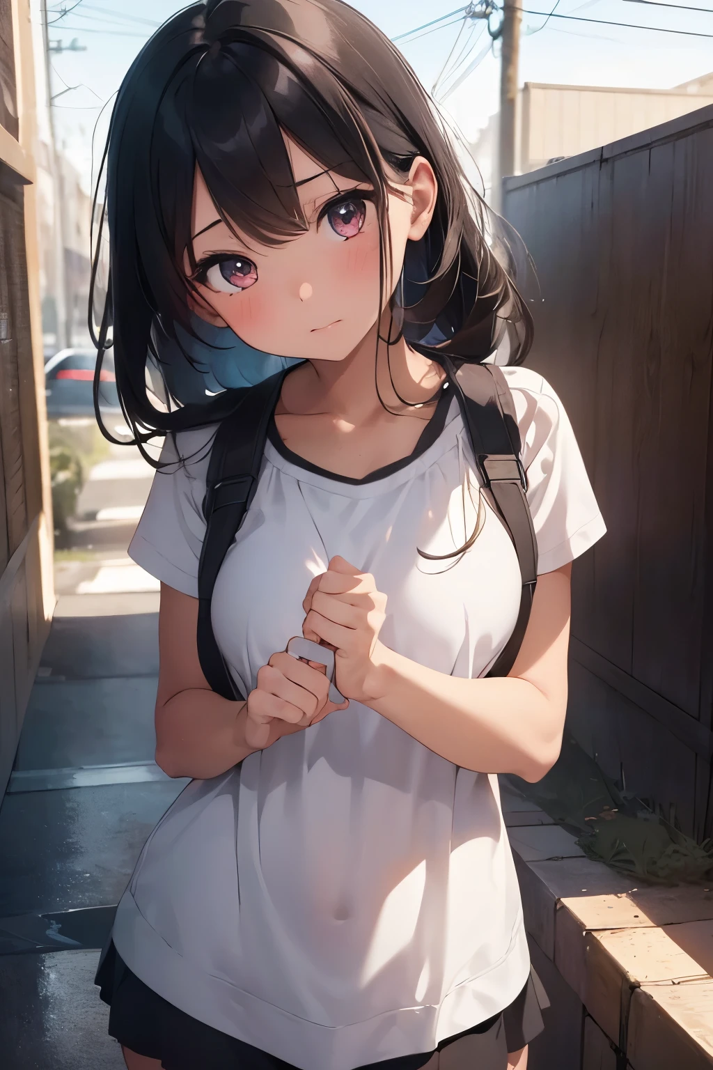 One girl, High resolution, masterpiece, accurate, Anatomically correct, Winner of numerous awards, Highest quality, High detail, High-resolution model, Retina, Very detailed, Textured skin, Ultra high definition, Black Hair, Blushing, Drop Shadow, Cinematic light effects, solo, Putting hands together and apologizing