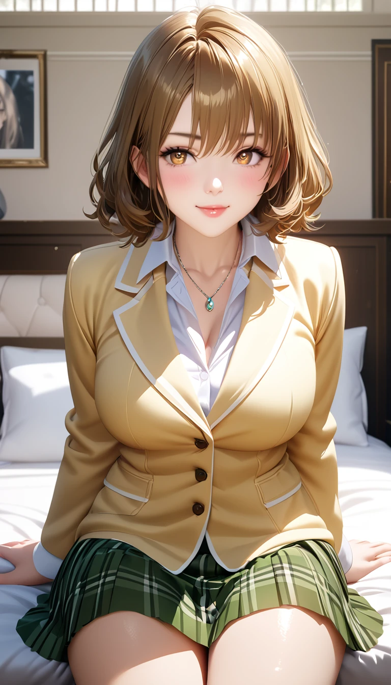 (masterpiece,ultra-detailed,best quality,8K,CG,realistic,illustration:1.2),(perfect-composition,detailed beautiful face,Clean skin,photographical skin,shiny skin,shiny hair, photographical hair,ultra detailed eyes,shaved,kawaii,uncensored:1.1),medium hair, 1girl, solo, brown hair, brown eyes,large breast,winter school uniform, yellow blazer, buttoned blazer,plaid skirt, green skirt,open collared shirt ,pendant,socks ,blushing,serious smile , glossy lips ,sitting on bed edge ,arms spread,luxury room,full body, front view