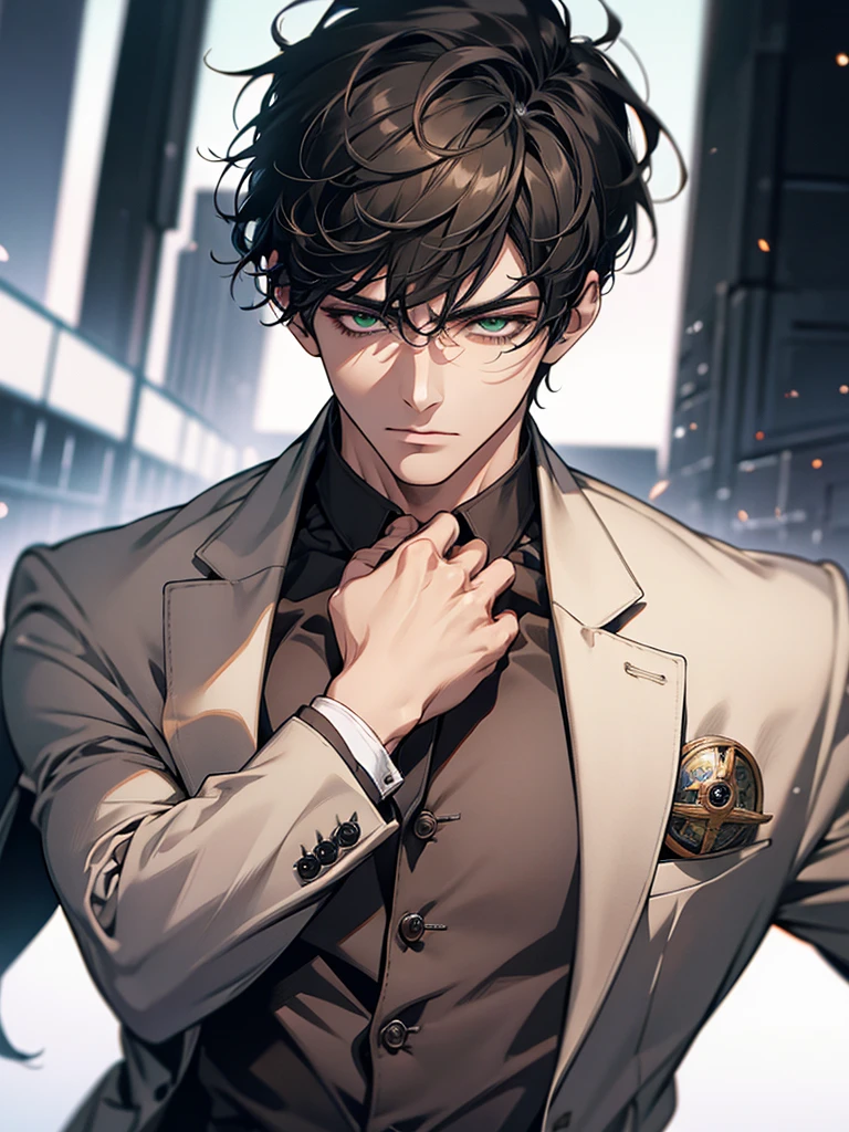 (Highest quality, masterpiece, 8k, Realistic, Cinema Lighting, HDR image, Super detailed, Beautiful images), 1 person, 3, Mature Men, very handsome, (Expressionless), Short black hair, Green Eyes ( Sharp Eyes), perfect face no errors, Doctor, Bangs parted to the left, anime, Simple Background, Chest girth, Diagonal composition straight hair, ,