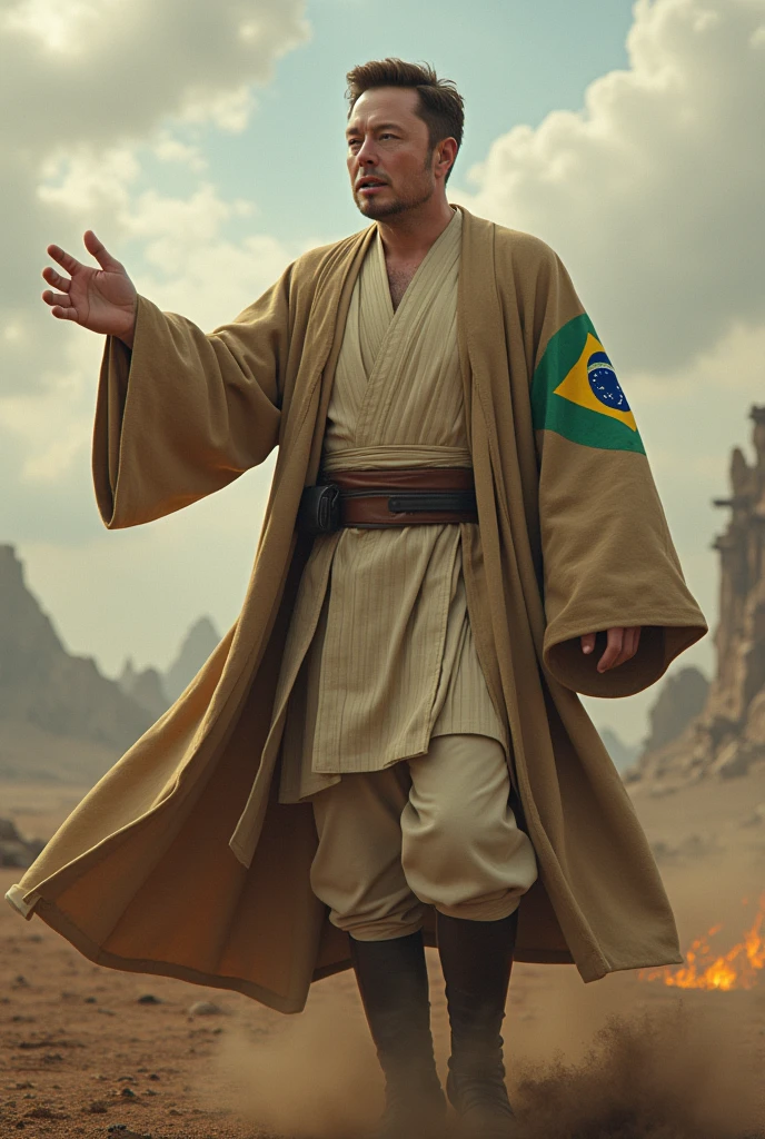 Image with Elon Musk's Star Wars Obi outfit with Brazil patch raising Voldemort in battle