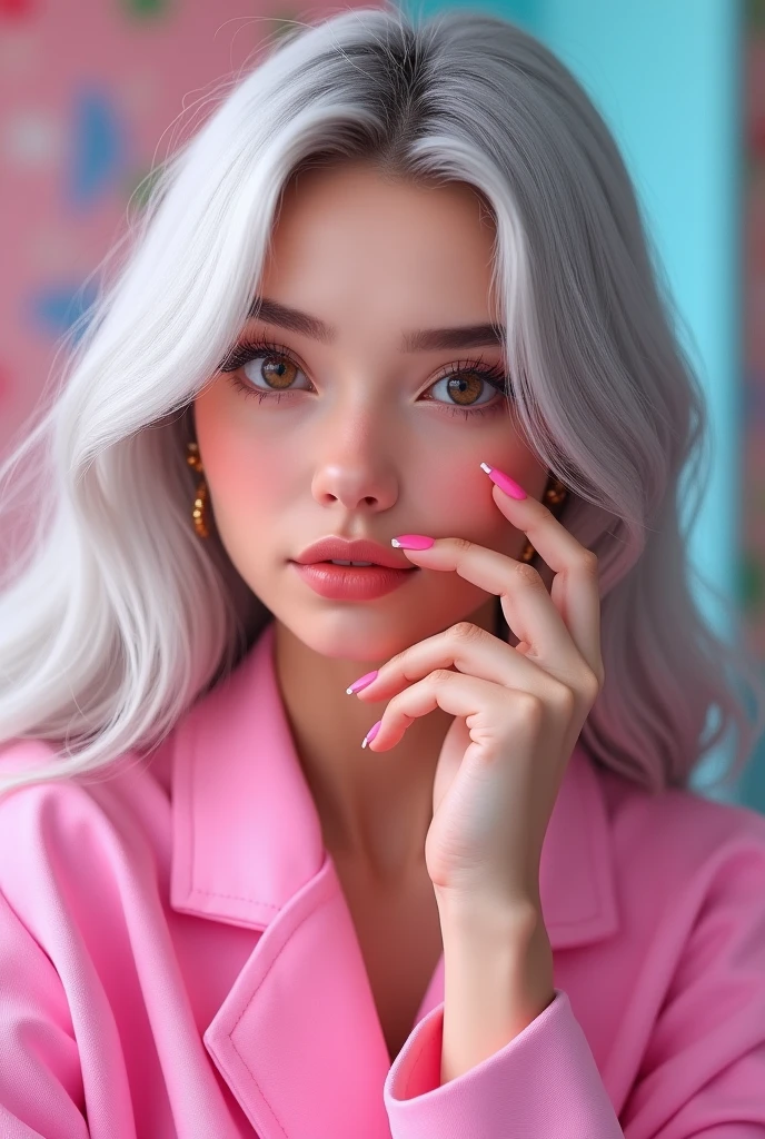 Pixar young woman long silver hair brown eyes long pink nails lash artist pink uniform background