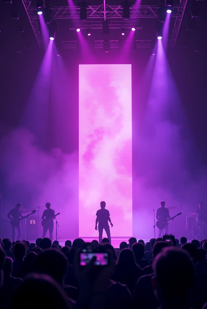 (photorealism:1.2), 
A singer is singing with a band on really huge stage like in Eurovision with a led wall behind her. The staging is dark with purple lights. She's surrended by a purple light spot. 