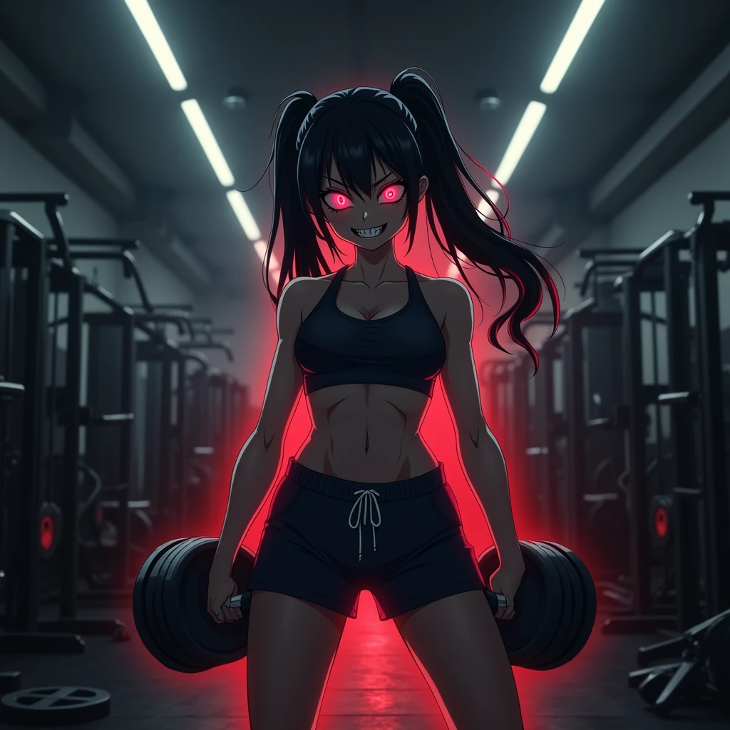 An anime girl with a scary and aggressive expression, wearing gym clothes, with intensely glowing eyes, stands out in a dark and gloomy gym environment. The background is silhouetted with weight machines and weights scattered on the floor. Fluorescent lights flicker, creating a tense and unsettling atmosphere. The girl is holding large dumbbells in a powerful stance, and a faint red glow emanates around her, giving her an otherworldly appearance. The image is in high-quality 8k, capturing every detail of her expression and the environment around her.