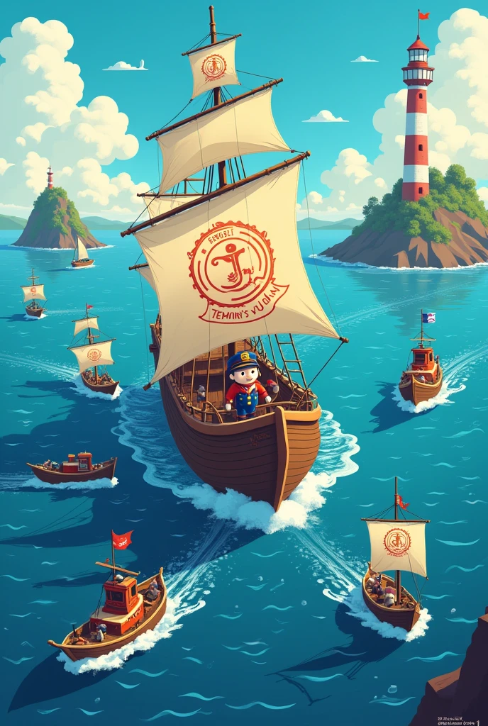 Create an elaborate maritime-themed illustration that captures the journey of Jenkins with Temurin, titled "Navigating the Java Seas: Jenkins' Journey with Temurin". The image should include the following elements:
Central Ship: A large, sturdy sailing ship representing Jenkins, with the Jenkins logo on its sails. The ship should be navigating through a vast ocean labeled "Java Sea".
Captain and Crew: Show the Jenkins butler mascot as the captain, with various crew members representing different architectures (x86_64, arm64, ppc64le, s390x, RISC-V) in distinctive outfits.
Temurin Compass: A prominent compass with the Temurin logo, guiding the Jenkins ship.
Evolving Journey:
In the background, show smaller boats labeled "Docker Images" being left behind.
Ahead, show islands representing different JDK versions (8, 11, 17, 21).
Multi-Platform Fleet: Include smaller boats around the main ship, representing different architectures:
A sleek speedboat for arm64
A sturdy tugboat for ppc64le
A unique vessel for RISC-V (perhaps a futuristic-looking ship)
Automation Tools: Depict UpdateCLI as a high-tech navigation system on the ship's deck.
Community Collaboration: Show other smaller boats with various flags, representing the open-source community, sailing alongside the Jenkins ship.
Future Horizon: In the distance, show a lighthouse labeled "2+2+2 Plan" illuminating the path ahead.
Challenges: Subtly include some obstacles in the water, like rocks or small whirlpools, representing challenges like CVEs or compatibility issues.
Easter Eggs:
A small "miniJen" fleet in one corner
A tiny Milk-V Pioneer chip floating on a raft
A scroll or map showing the Temurin API integration
Style: Use a vibrant, slightly cartoonish style with rich colors to make it engaging and easy to understand at a glance. Ensure that text labels are clear and readable.
Overall, the illustration should convey a sense of adventure, progress, and the collaborative spirit of the Jenkins and Java com