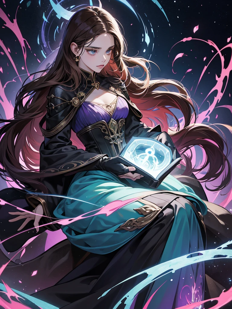Create an image of Lyra, a member of the Warlock clan and twin sister of Mirella. Lyra should be depicted as a striking and formidable figure with a sense of underlying envy and intensity. She has a sharp, angular appearance that reflects her powerful and mystical nature. Her long, ash brown hair flows elegantly, with its color contrasting against her dark and rich attire. Her eyes are intense and piercing, with a hint of frustration or longing.
Lyra wears a sophisticated and elaborate robe or gown adorned with arcane symbols and intricate designs, emphasizing her magical prowess. The attire should be dark and rich in color, such as midnight blue or deep violet, with subtle glowing accents that reflect her mastery of other forms of magic. Include magical artifacts or accessories that showcase her formidable abilities but omit the time-related motifs that Mirella has.
The setting could be a dimly lit chamber filled with arcane artifacts, ancient tomes, and magical constructs, contrasting with the grandeur of Mirella’s environment. The atmosphere should convey a sense of unresolved tension and envy, with Lyra’s presence hinting at her struggle and desire for the time-controlling powers she lacks. The overall mood should blend her formidable magical prowess with the subtle hints of her envious nature.