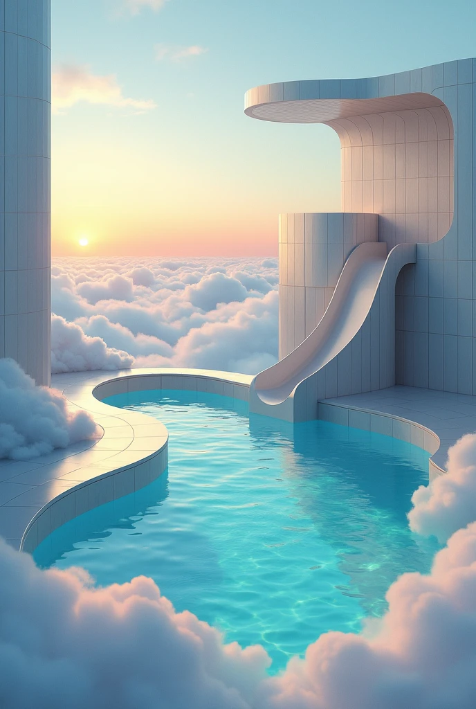GENERATE A REST ROOM WITH A CLOSED ENVIRONMENT AND CRYSTAL CLEAR WATER. Make it more closed and with not much light. Now instead of being a place like this, it should be an environment where there are silver-colored tile walls like a room. Perfect now put a roof on it and make it more closed. Make it a little darker but with the sunset rays coming in the background. Perfect just remove that wall, and put a slide in front, The place where I was was in the clouds so I only saw clouds and the blue sky. Don't add any stairs. I told you to add a slide on the descent. Remember that it is a closed environment