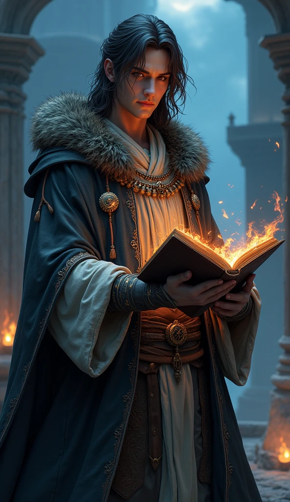 Human male from baldur's gate, best quality, ultra-detailed CG unity 8k wallpaper,       standing, high resolution, dynamic pose, average face, (fancy wizard attire, hazel eyes), depth of field, mage tower setting, night), (high fantasy) (dark brown Hair, long scraggly hair), light skin, holding an ancient tome, (one eye)