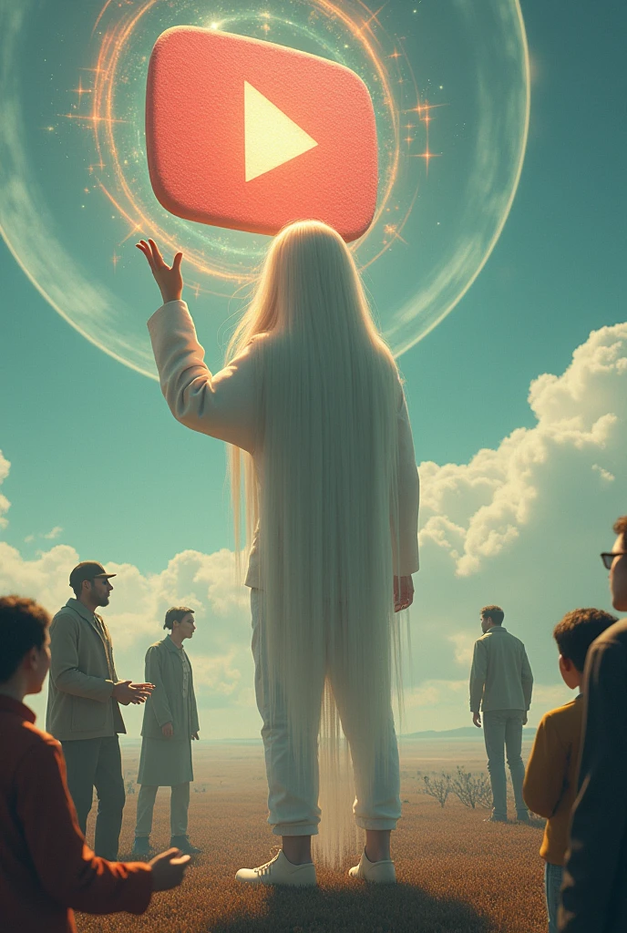 A place were all you can see is dreams and your in the middle time is stopped and you pick the dream of YouTube the guy with the longest hair, touching only to YouTube symbol with regular jobs, all surrounding him