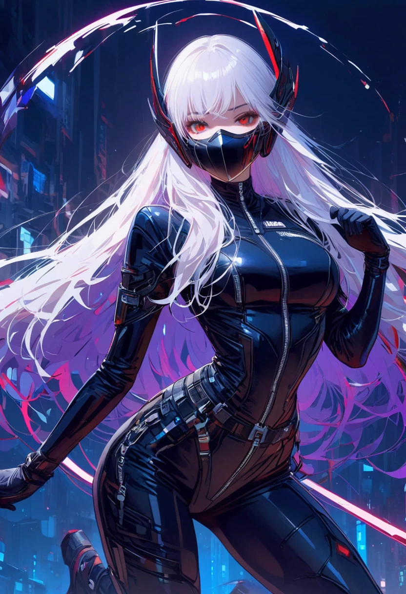 masterpiece, Best quality, 8 K, number, 1 girl, One, get up, youth, White hair, long White hair, hair accessories, Red eyes, round pupils, impassive expression, mechanicalparts, blood stained, electrical wire, cable, Failure effect, scary, Science fiction, Futuristic, The background inside is darker, neon lights, Cyberpunk Characters, Surreal, strange, alarming, Chilling, scary, Jumpsuits,Red eyes,Poison obsession,Blackened,Long black gloves,Jumpsuits,tight latex jumpsuit,Highlight her graceful figure,将整个身体包裹get up,symbiont,((raised sexy)),Jumpsuits,Red eyes,Poison obsession,Blackened,Long black gloves,Jumpsuits,Black latex clothing,Blood-Red eyes,Best quality, a high resolution, super detailed, Bright textures, a mask, tight latex jumpsuit, bang,purple hair, Blue eyes
