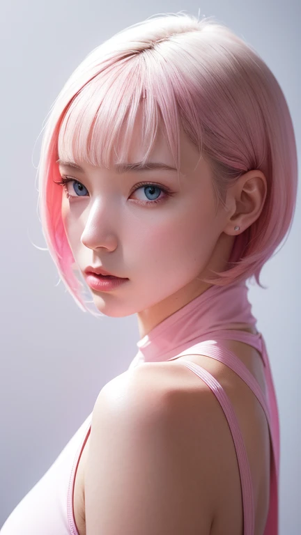 A beautiful attractive woman with short hair, full body portrait, in the style of Moebius, full of pink and white hexagons in the background, with a futuristic sci-fi aesthetic style, simple details, minimalism, black lines, clean pictures. The skin is white and she has an extremely delicate face that resembles floating glass. A sense of mystery, soft lighting, ultra-high definition images, and a cool color tone. She is wearing, 32k ,uhd