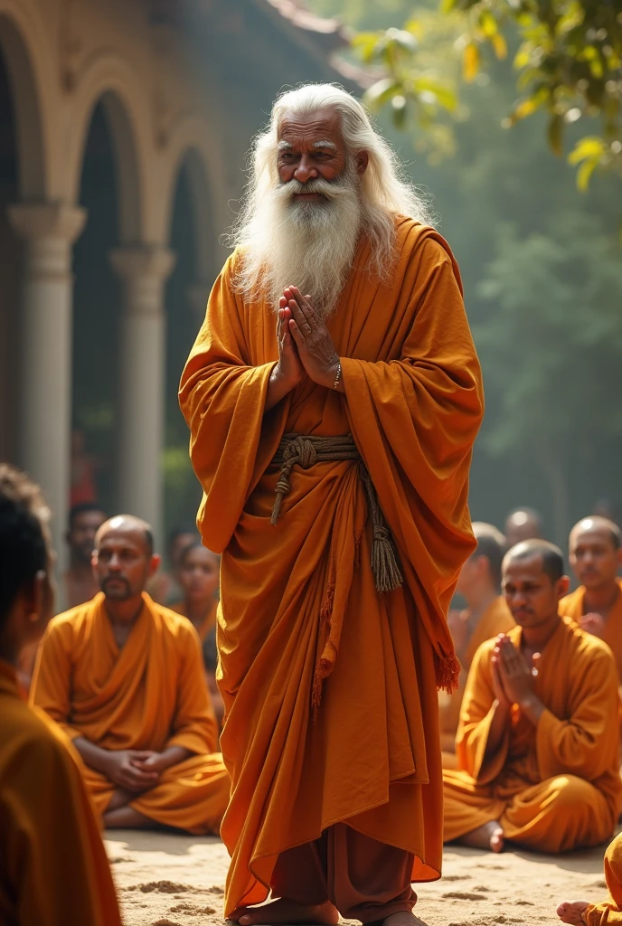 Monk in standing position with many seating disciple, with safron colour cloths, white long beard,mostly white long hair,look like Indian face, covers all body with clothes, with sleeper,in aashram, middle age, little smiley face,