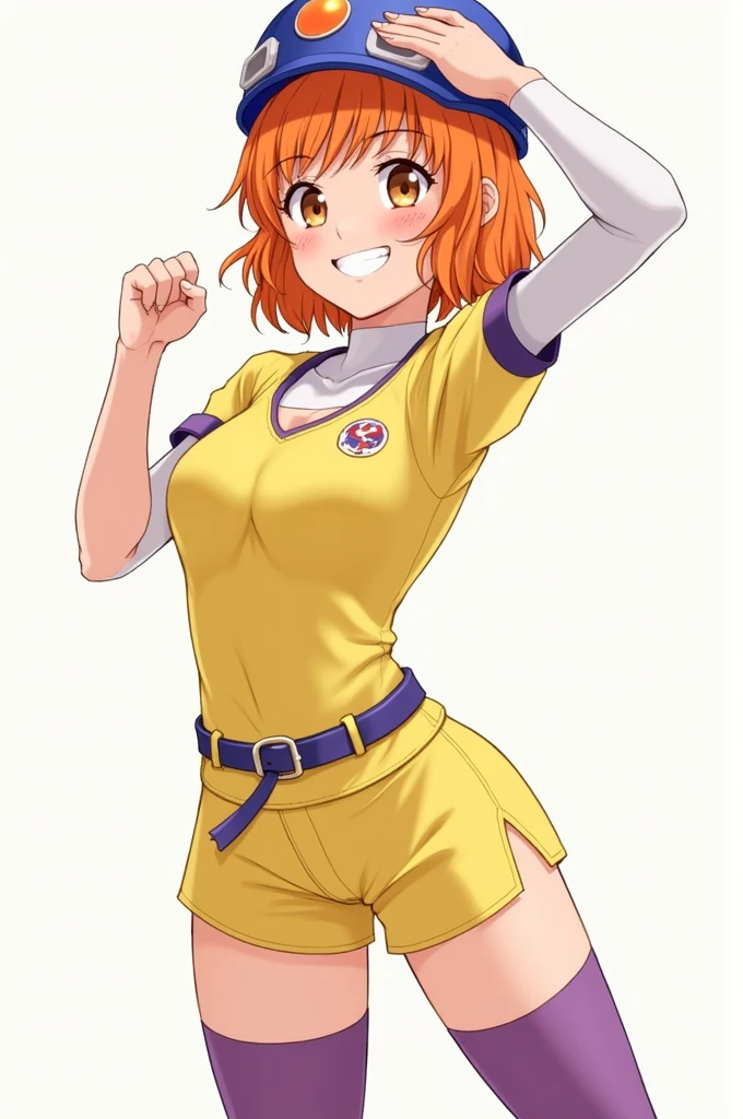 Masterpiece, high quality, happy, 1girl, orange hair, short hair, curly hair, freckles, helmet, bodysuit, yellow shirt, short sleeves, long sleeves, belt, yellow small shorts, purple thighhighs, sexy body, gorgeous body, beautiful, beautiful legs, solo