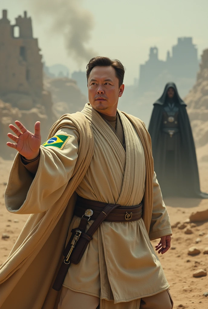 Image with Elon Musk's Star Wars Obi outfit with Brazil patch raising Voldemort in battle