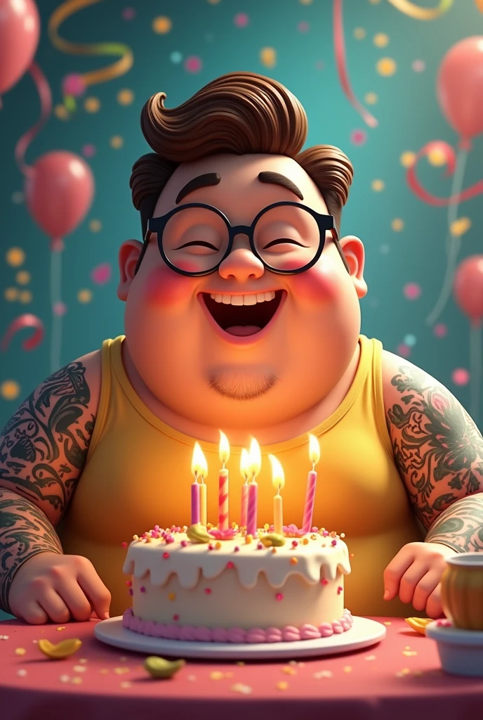 Disney Pixar style character of a chubby man with brown hair combed to the side with black glasses, tattooed arms blowing a birthday cake