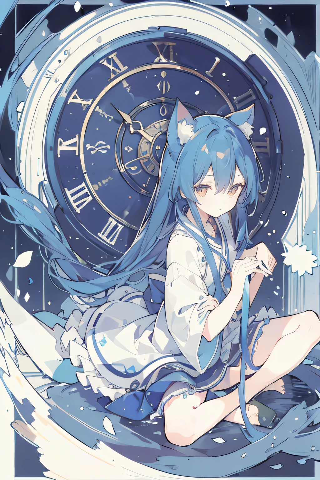 (Masterpiece:1.2)，Ultra-detailed，lifelike，The eyes are expressive，Fair skin，Perfect face shape，1 girl，Japanese Manga，Gorgeous blue hair，Flowing blue hair，Flowing clothes，Cat ears，Petals falling，Shy face，sitting on window，Place your hand on your lips,masterpiece, absurdres, novel cover, cover illustration, 1girl, solo, dark blue-haired ponytail, mage robes, flower background, clock background, monochrome, line drawing