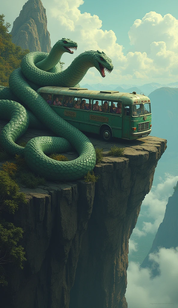 Giant python caterpillars surround bus on high cliff。The snake is bigger than the cliff。