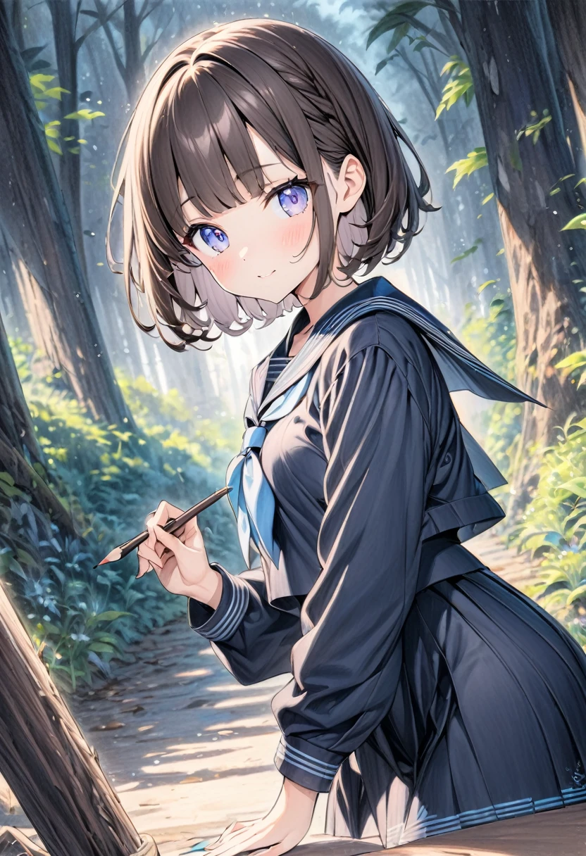 ((style:Colored pencil,pale colour)),(anime)、(masterpiece:1.2),middle ages、Atmospheric perspective,Lens flare、Navy blue sailor suit、girl、cute、Hair color is brown、Her hairstyle is a bob cut with longer sides、in the forest、Light、front