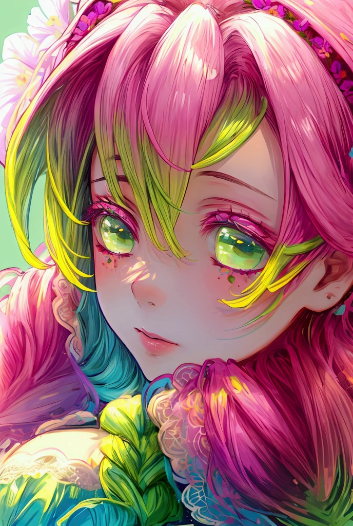 Convert your flower art into illustration.、Create backgrounds with vibrant colors and unique touches　The type of flower is statice、Gypsophila、sweet pea、Mix in some lace flowers, portrait, face portrait, big breasts, cleavage, pink hair, green eyes, (green highlights), green braids, 