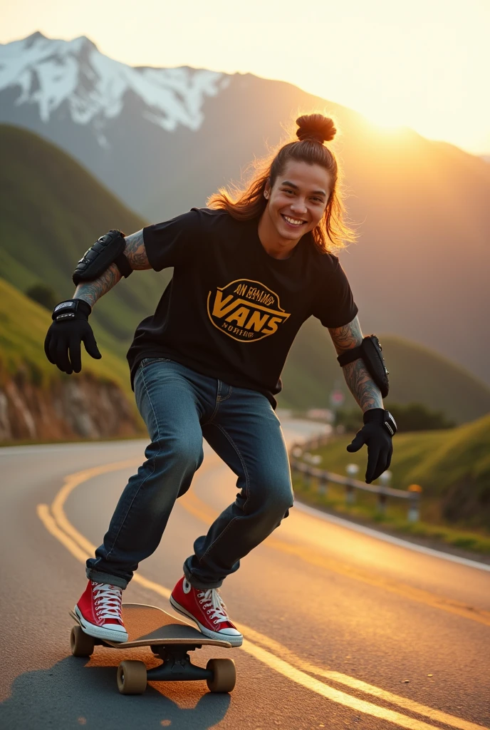An adrenaline-filled shot of a Korean youn man with man bun hair covered in tattoos on his arms, confidently riding a skateboard down a winding mountain road, framed by the golden light of the setting sun. He is wearing a black t-shirt with a vintage VAN logo on his chest and a bag on his back, and denims jeans and use red converse shoes. The man dimple smiles at the camera, his hands protected by black gloves, adding a personal touch to the thrilling scene. He also wears knee and elbow pads, ensuring safety as he navigates the turns with ease. The background features rolling green hills and snow-capped mountains in the distance, creating a stunning contrast to the rider’s dynamic movements, amplifying the excitement. In the distance. The image exudes the thrill of downhill skateboarding, the beauty of the natural scenery, and the fearless energy of the rider, with an Instagram-worthy atmosphere.