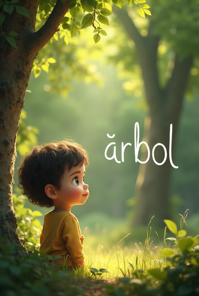 A seeing the word tree written in Spanish and the child thinks about the