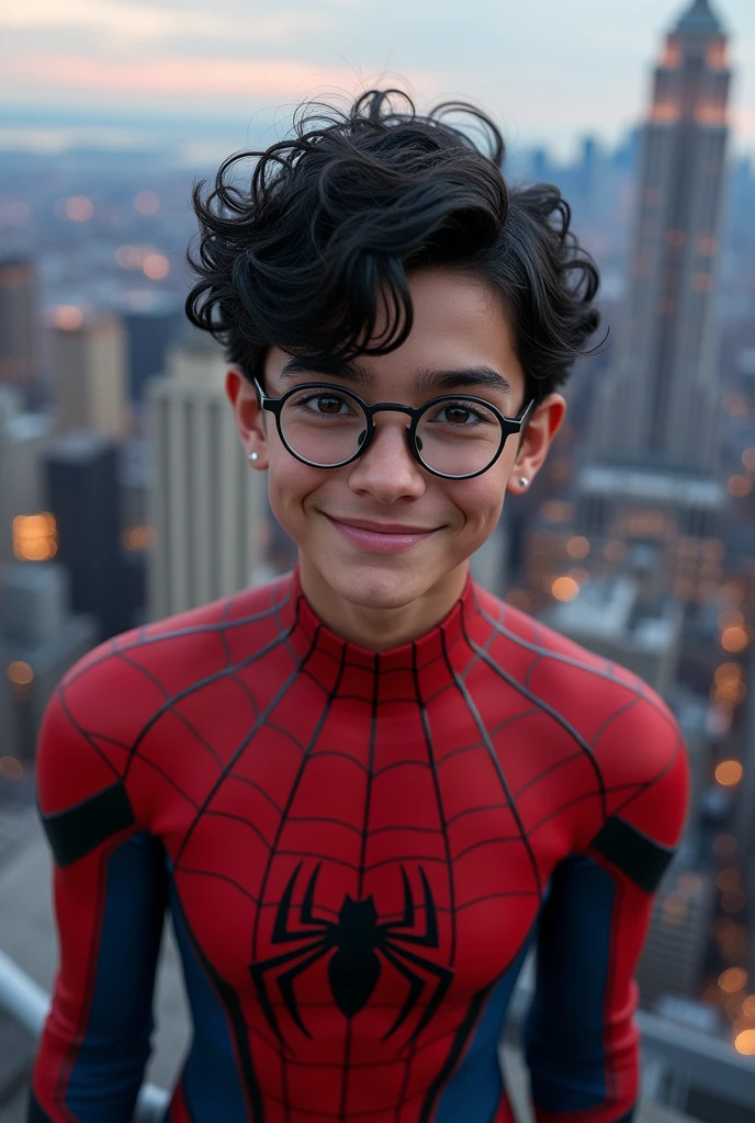 spider suit, spider web print, spider web, spider-man, Masterpiece, absurd, fine details, HDR, ((highly detailed face and eyes)), photorealistic,, focus on the eyes,, standing on the roof of a skyscraper, ((without mask)), looking at the viewer, smiling, black hair, boy focus, big hair, curly hair, round glasses, earrings, , background of New York buildings,