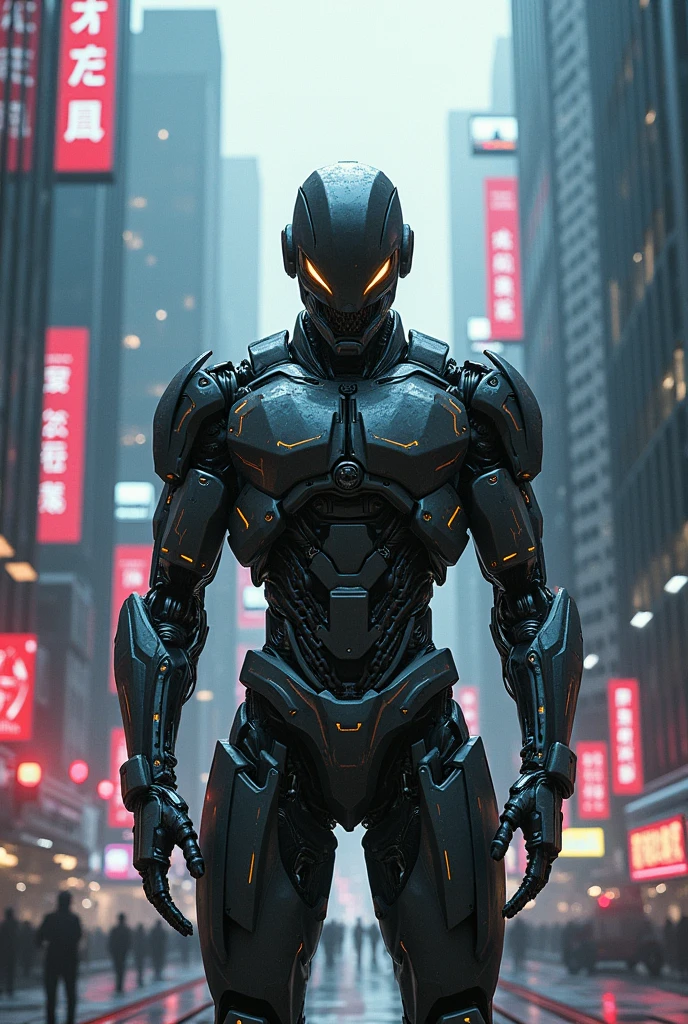 A cyborg warrior in a futuristic metropolis, painted in the cyberpunk style. High detail, 8K, Ultra-high resolution, photorealistic, dynamic frame, clear focus, sharp contours, dynamic light, digital painting, cinematic environment.