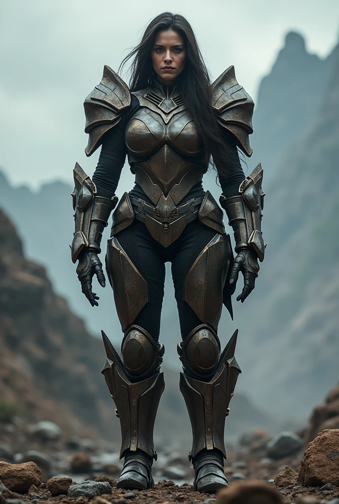 Create armor for a woman, The armor is large and muscular, imposes respect and fear