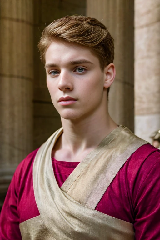 Portrait of a handsome young man, Roman emperor, red hair, wearing Roman emperor clothes, handsome boy, magnanimous, power, ruler, symmetry, boy in the center, focus on the boy, classical era, ancient Rome, luxury, the most handsome boy, symmetry, male beauty, Caesar, pale skin
