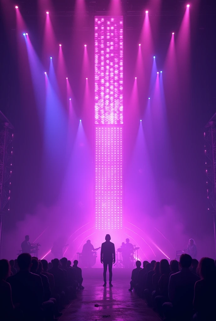 (photorealism:1.2),
A singer is singing with a band on really huge stage like in Eurovision with a led wall behind her. The staging is dark with purple lights. She's surrended by a purple light spot.
