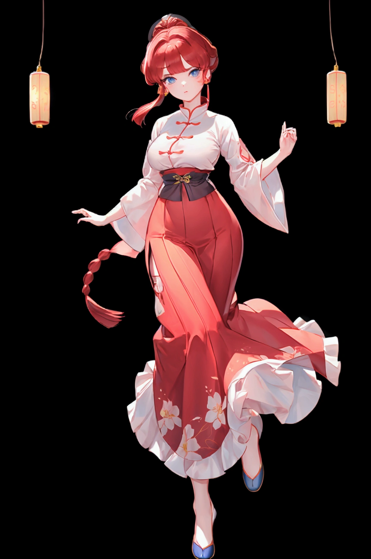 Create Female Ranma, make a girl,Clear contours, Color full-body photo, (beautiful and delicate eyes), (Nice face:1.3), childish face, Short red hair，Configure single ponytail, (Bangs), bumpy Bangs, blue gray eyes, big eyes，plump breasts，(clothes chinese style hanfu)(Horse-faced long skirt)top: Fitted white halter shirt,Bottom light purple chiffon wide leg high waist loose elegant nine-point pleated long skirt(actual:1.2),(Floral),   (actual上下身衣服是:3.7 scale)，Face the camera head-on，Bend one foot slightly against the calf of the other leg。