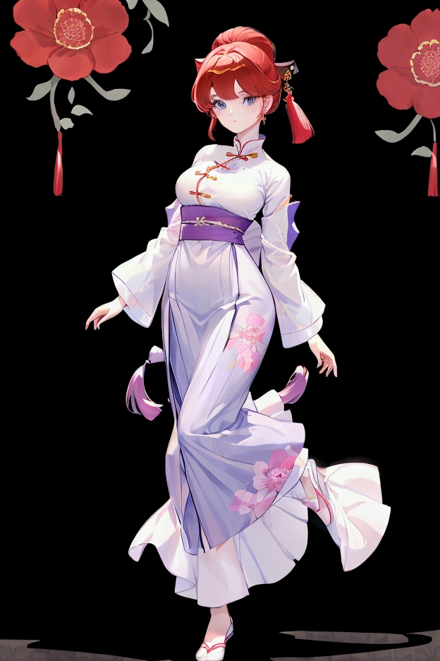 Create Female Ranma, make a girl,Clear contours, Color full-body photo, (beautiful and delicate eyes), (Nice face:1.3), childish face, Short red hair，Configure single ponytail, (Bangs), bumpy Bangs, blue gray eyes, big eyes，plump breasts，(clothes chinese style hanfu)(Horse-faced long skirt)top: Fitted white halter shirt,Bottom light purple chiffon wide leg high waist loose elegant nine-point pleated long skirt(actual:1.2),(Floral),   (actual上下身衣服是:3.7 scale)，Face the camera head-on，Bend one foot slightly against the calf of the other leg。