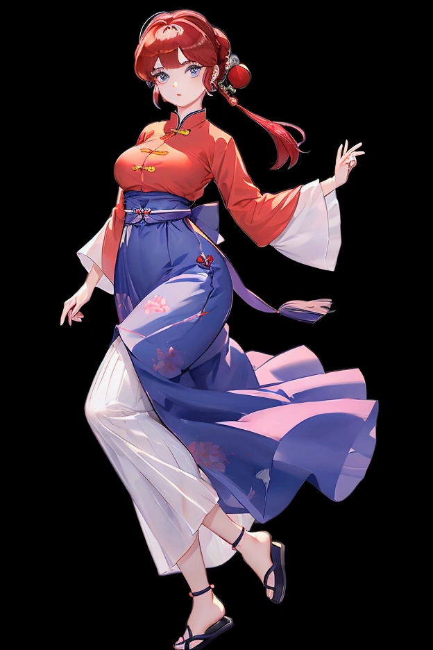 Create Female Ranma, make a girl,Clear contours, Color full-body photo, (beautiful and delicate eyes), (Nice face:1.3), childish face, Short red hair，Configure single ponytail, (Bangs), bumpy Bangs, blue gray eyes, big eyes，plump breasts，(clothes chinese style hanfu)(Horse-faced long skirt)top: Fitted white halter shirt,Bottom light purple chiffon wide leg high waist loose elegant nine-point pleated long skirt(actual:1.2),(Floral),   (actual上下身衣服是:3.7 scale)，Face the camera head-on，Bend one foot slightly against the calf of the other leg。