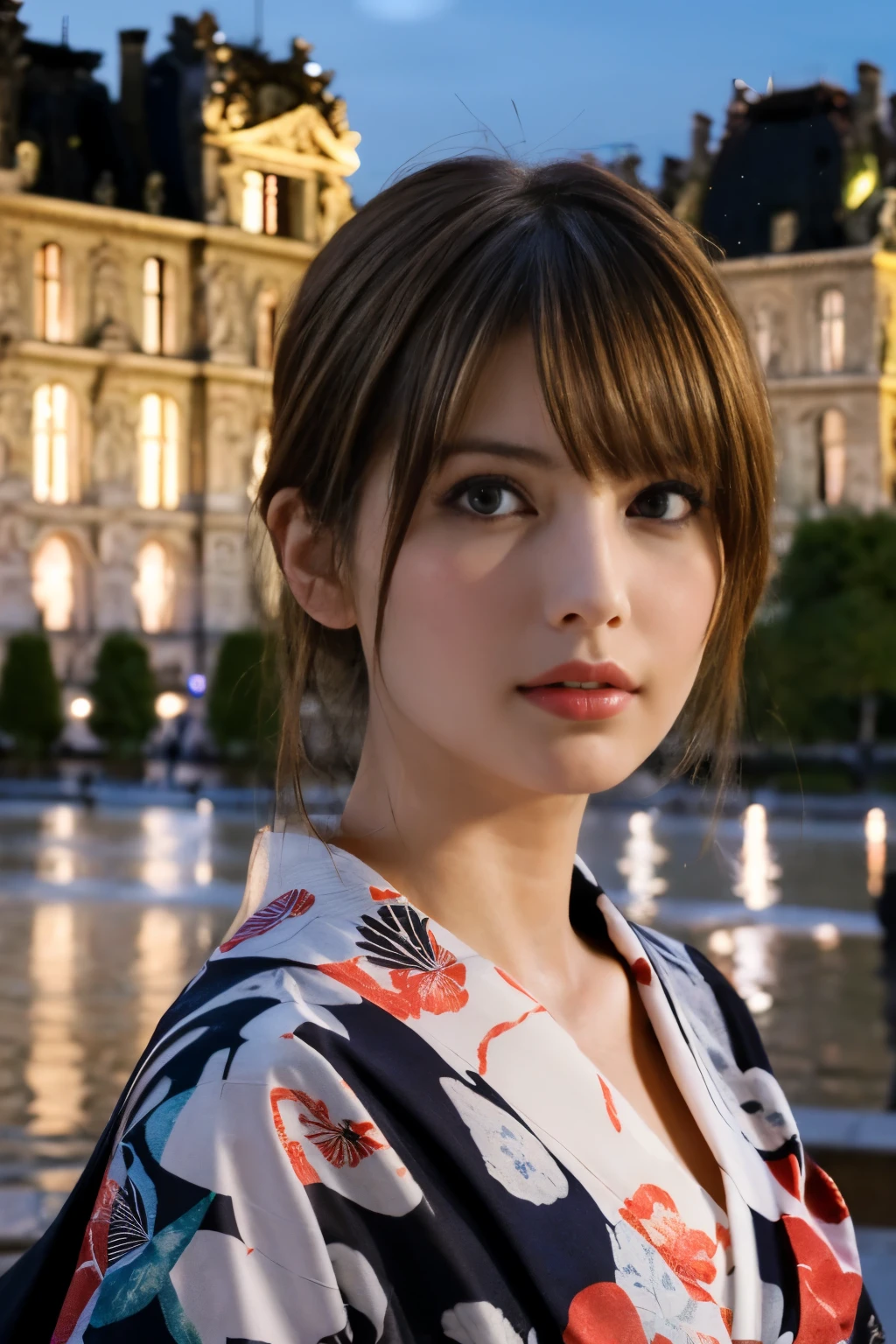 ((masterpiece:1.4, Highest quality)), (Realistic photos:1.4),
((1 person)), (Otherworldly beauty), (dream-like),
(超High resolution:1.2), Very delicate and beautiful, wonderful, Very detailed CG Unity 8k wall paper, Very detailed, High resolution,
Soft Light, Beautiful detailed, Very detailed eyes and face, Beautiful and detailed nose, Beautiful and detailed,
(Portrait of a Parisian woman wearing a yukata:1.3), (Outdoor), (With the illuminated Louvre at night in the background:1.3),
Cinema Lighting, Perfect Anatomy, Slender body, (Dark blond hair), (Parted bangs), (bright eye color),
Cowboy Shot