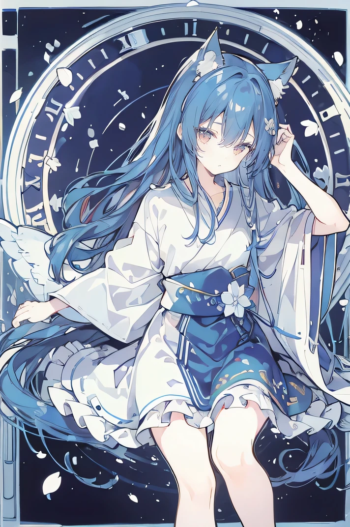 (Masterpiece:1.2),Ultra-detailed,lifelike,The eyes are expressive,Fair skin,Perfect face shape,1 girl,Japanese Manga,Gorgeous blue hair,Flowing blue hair,Flowing clothes,Cat ears,Petals falling,Shy face,sitting on window,Place your hand on your lips,masterpiece, absurdres, novel cover, cover illustration, 1girl, solo, dark blue-haired ponytail, mage robes, flower background, clock background, monochrome, line drawing