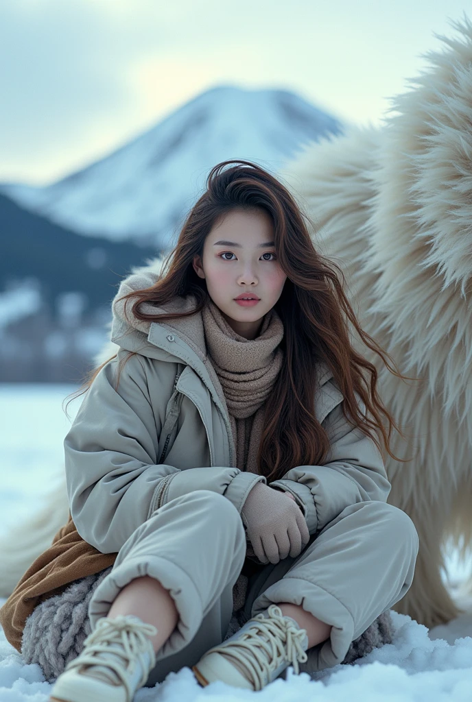 make a professional photo image, a beautiful woman with long hair with a charming face with a natural face, natural skin color, eyes that are so naturally clear with a brownish color, attractive, realistic, skin that is naturally smooth, wearing a snow jacket with a hood on her head, scarf, sarong snow hands and boat shoes, sitting back next to the Japanese giant mythical creature "Yate", background view of the charming snow hills in Niseko, Hokkaido, with mountain views that are so beautiful, realistic, cinematic