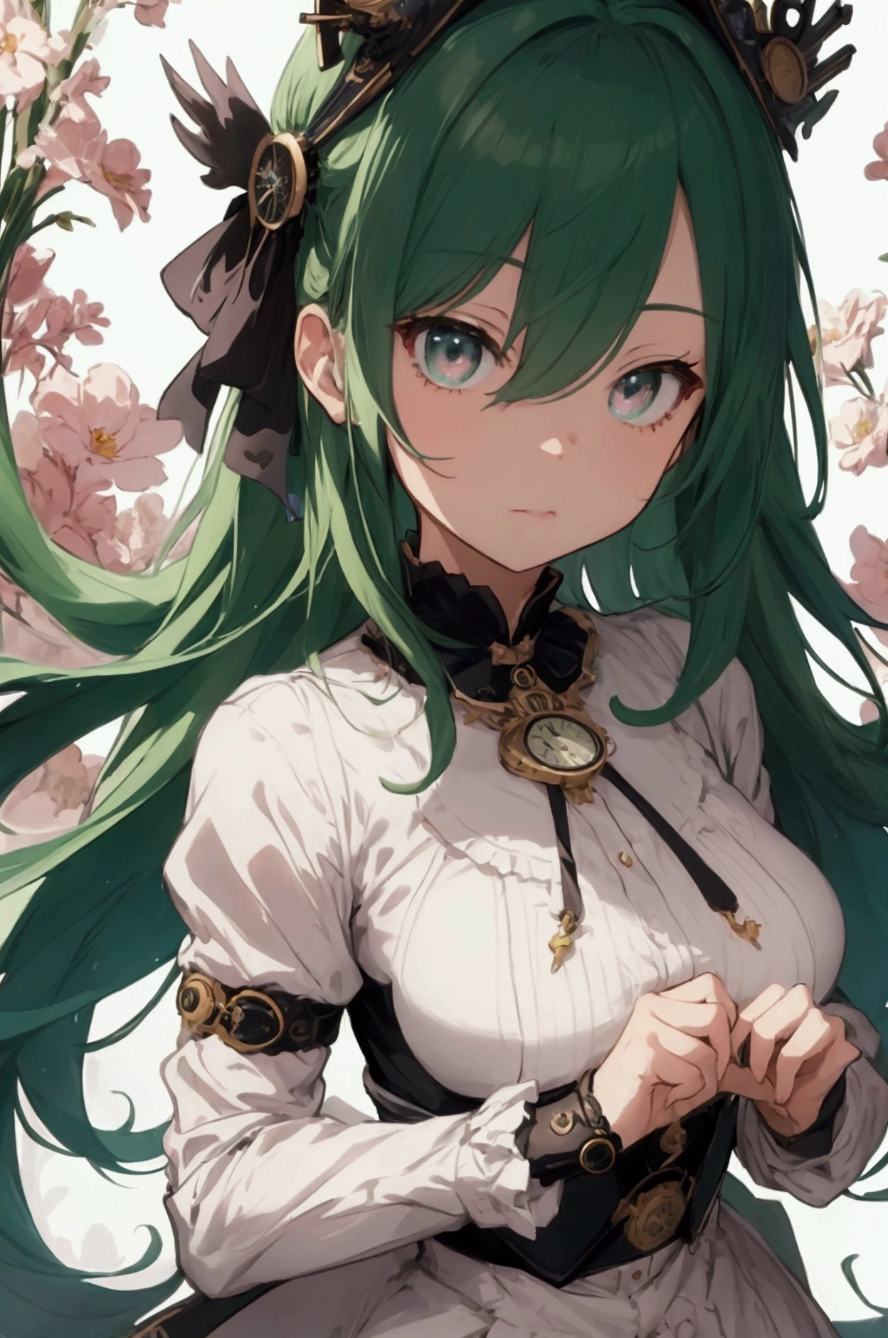 masterpiece, best quality, 1girl, highres, absurdres, maxres, hd, Waifu trading card back design, green-haired girl, black blindfold, holding pocket watch and tarot cards, question mark in background, kind and gentle expression, fantasy anime style, intricate details, vibrant color, abstract elements, floral accents, clockwork theme, flowing hair, detailed outfit, dynamic composition, high contrast, sharp lines, soft lighting, elegant accessories, mystical aura, heart gems