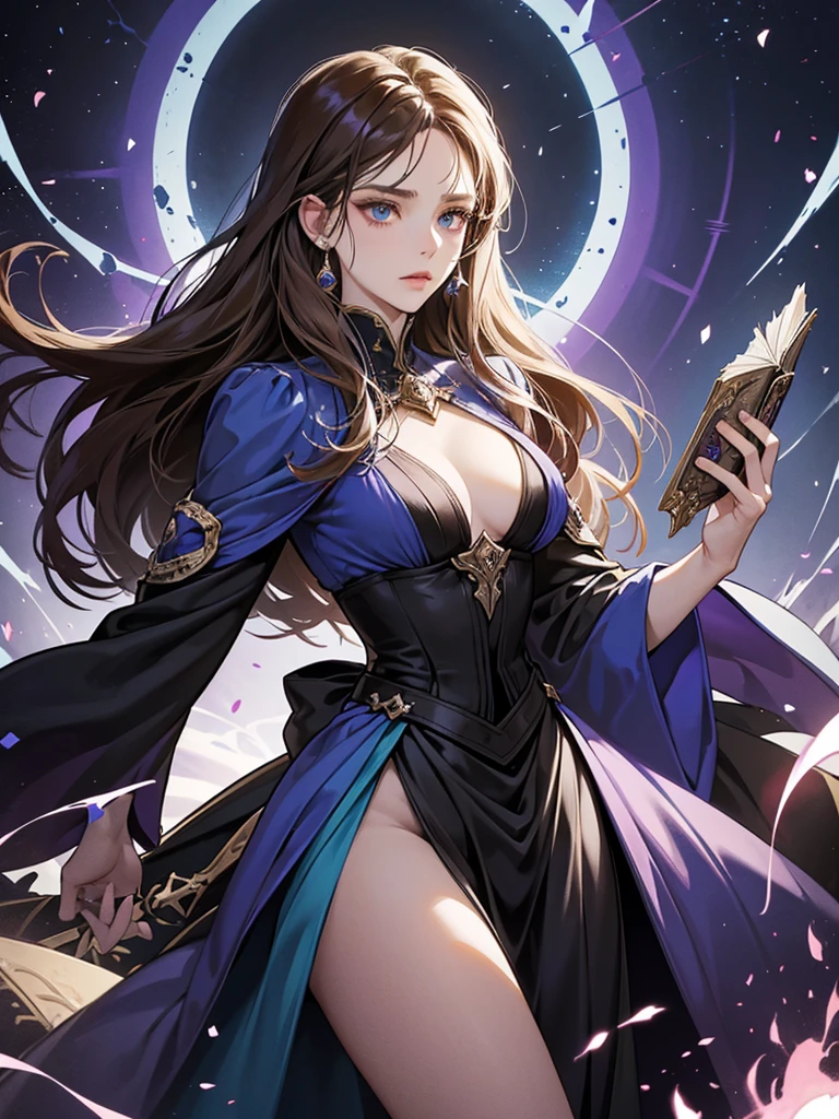 Create an image of Lyra, a member of the Warlock clan and twin sister of Mirella. Lyra should be depicted as a striking and formidable figure with a sense of underlying envy and intensity. She has a sharp, angular appearance that reflects her powerful and mystical nature. Her long, ash brown hair flows elegantly, with its color contrasting against her dark and rich attire. Her eyes are intense and piercing, with a hint of frustration or longing.
Lyra wears a sophisticated and elaborate robe or gown adorned with arcane symbols and intricate designs, emphasizing her magical prowess. The attire should be dark and rich in color, such as midnight blue or deep violet, with subtle glowing accents that reflect her mastery of other forms of magic. Include magical artifacts or accessories that showcase her formidable abilities but omit the time-related motifs that Mirella has.
The setting could be a dimly lit chamber filled with arcane artifacts, ancient tomes, and magical constructs, contrasting with the grandeur of Mirella’s environment. The atmosphere should convey a sense of unresolved tension and envy, with Lyra’s presence hinting at her struggle and desire for the time-controlling powers she lacks. The overall mood should blend her formidable magical prowess with the subtle hints of her envious nature.