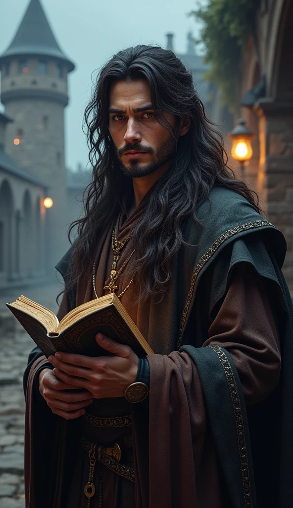 Human male from baldur's gate, best quality, ultra-detailed CG unity 8k wallpaper, standing, high resolution, dynamic pose, average face, (fancy wizard attire, hazel eyes), depth of field, mage tower setting, night), (high fantasy) (dark brown Hair, long scraggly hair), light skin, holding an ancient tome, (missing one eye)