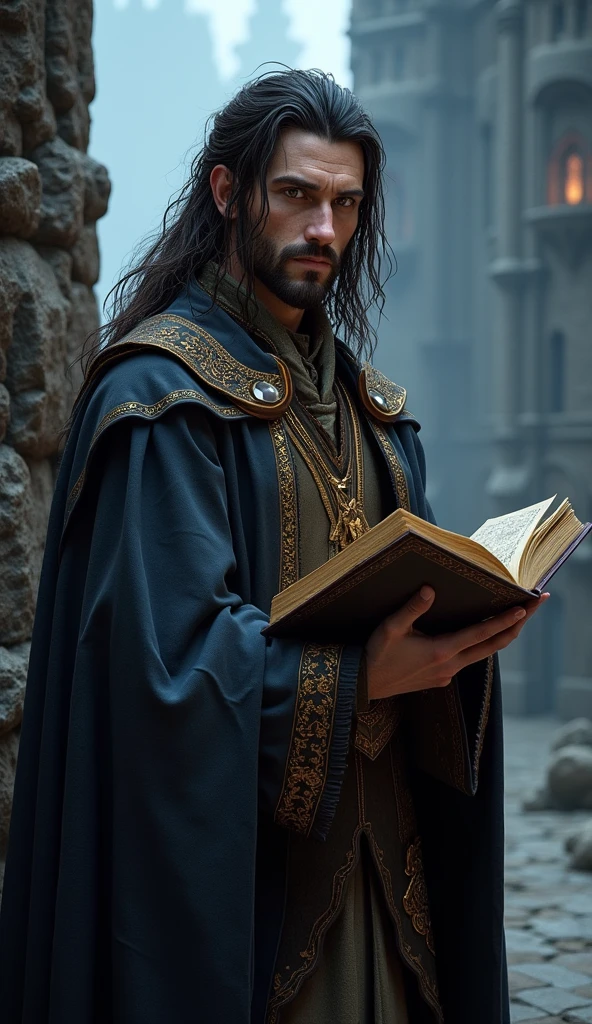 Human male from baldur's gate, best quality, ultra-detailed CG unity 8k wallpaper,       standing, high resolution, dynamic pose, average face, (fancy wizard attire, hazel eyes), depth of field, mage tower setting, night), (high fantasy) (dark brown Hair, long scraggly hair), light skin, holding an ancient tome, (missing one eye)