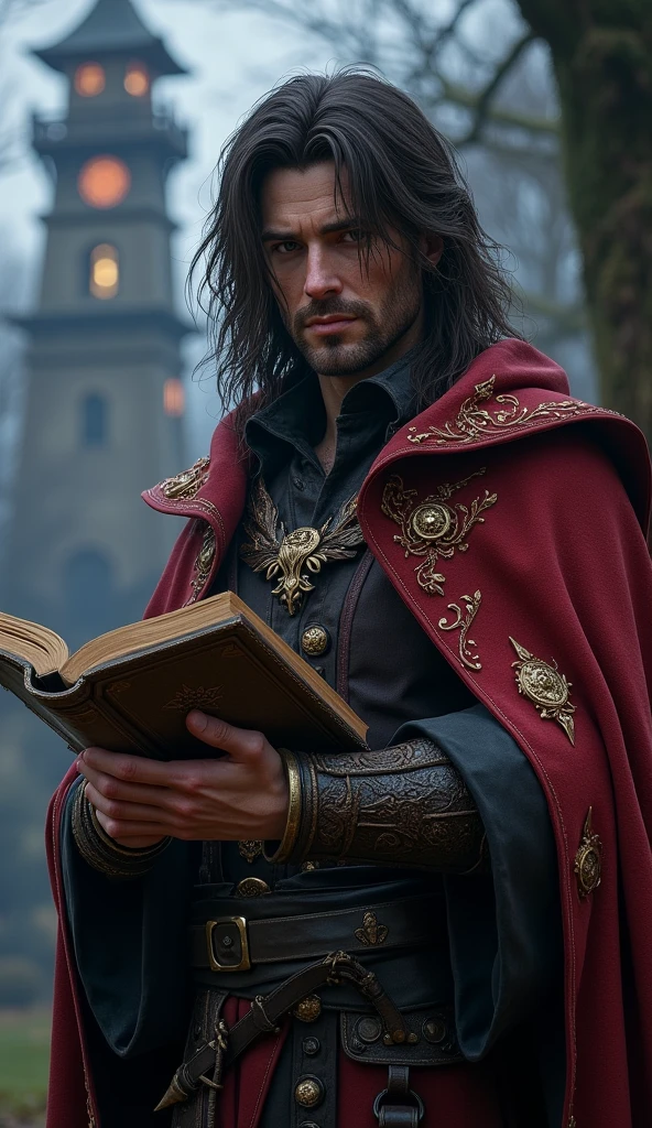 Human male from baldur's gate, best quality, ultra-detailed CG unity 8k wallpaper, standing, high resolution, dynamic pose, average face, (fancy wizard attire, hazel eyes), depth of field, mage tower setting, night), (high fantasy) (dark brown Hair, long scraggly hair), light skin, holding an ancient tome, (missing one eye)