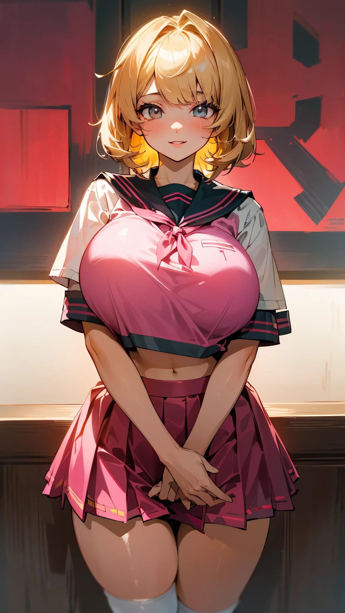 (UHD, retina, masterpiece, accurate, anatomically_correct, textured_skin, super_detail, high_details, high_quality, best_quality, high_res, 1080P, HD, 4K, 8k, 16k), (beautiful_detailed_eyes, beautiful_detailed_lips, extremely_detailed_eyes_and_face), soft_lighting, physically-based_rendering, vivid_colors, (huge_breasts:1.5), (shiny_hair, shiny_skin, tanned_skin, blush), (bangs:1.5), eye_reflection, (bokeh), smile_and_laugh, (cropped_seifuku_shirt:1.5), full_body_shot, (pink_seifuku), (pink_skirt, very_short_skirt), blonde_hair, midriff, wide_hips, thick_thighs, white_knee_socks