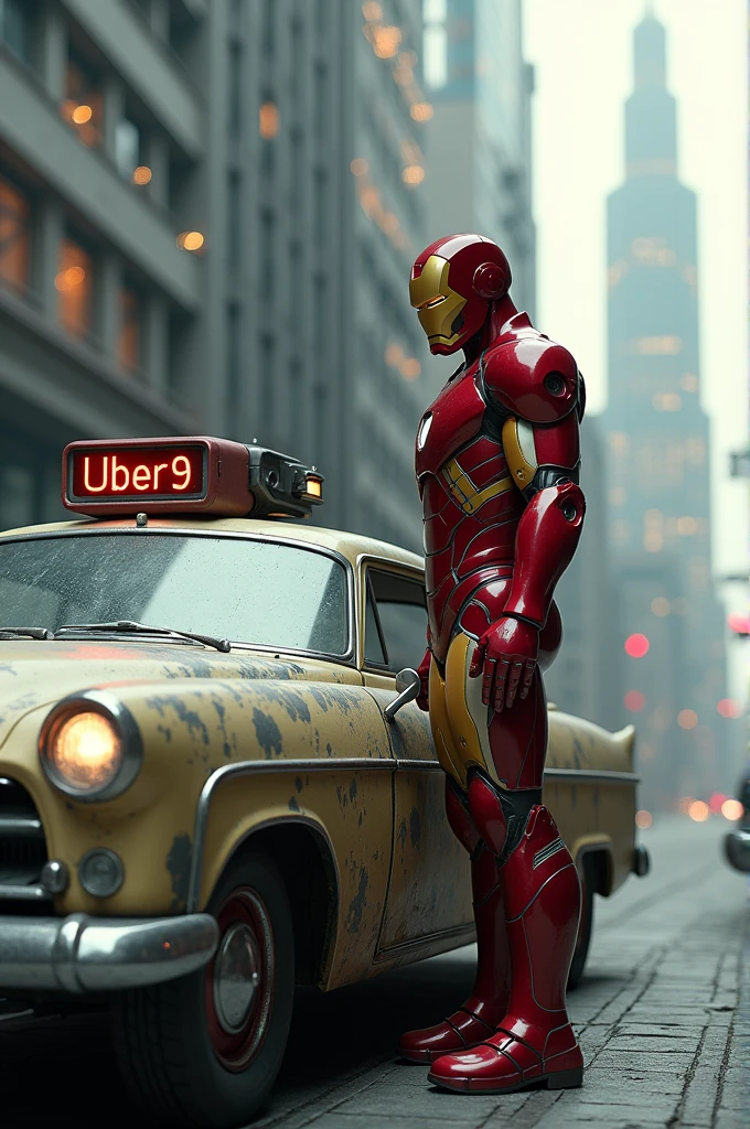 Create an image of Iron Man with a sign saying Uber and 99, we put an old and late car