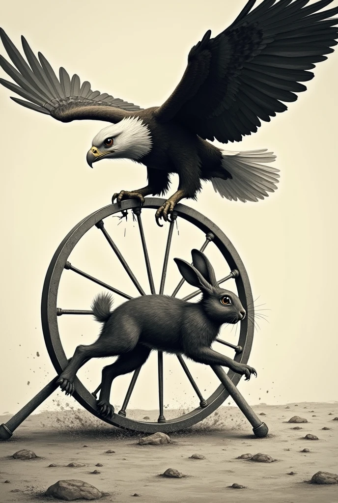 A rabbit running on a wheel, with an eagle watching from above: Illustrates the feeling of being trapped in an endless cycle of constant performance.