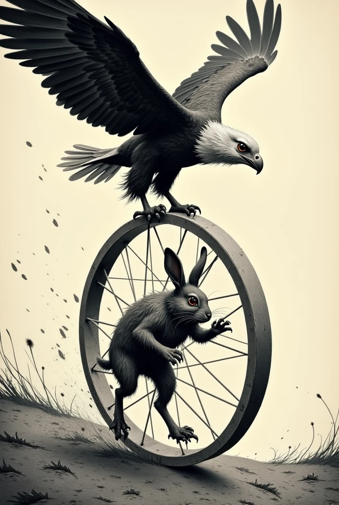 A rabbit running on a wheel, with an eagle watching from above: Illustrates the feeling of being trapped in an endless cycle of constant performance.