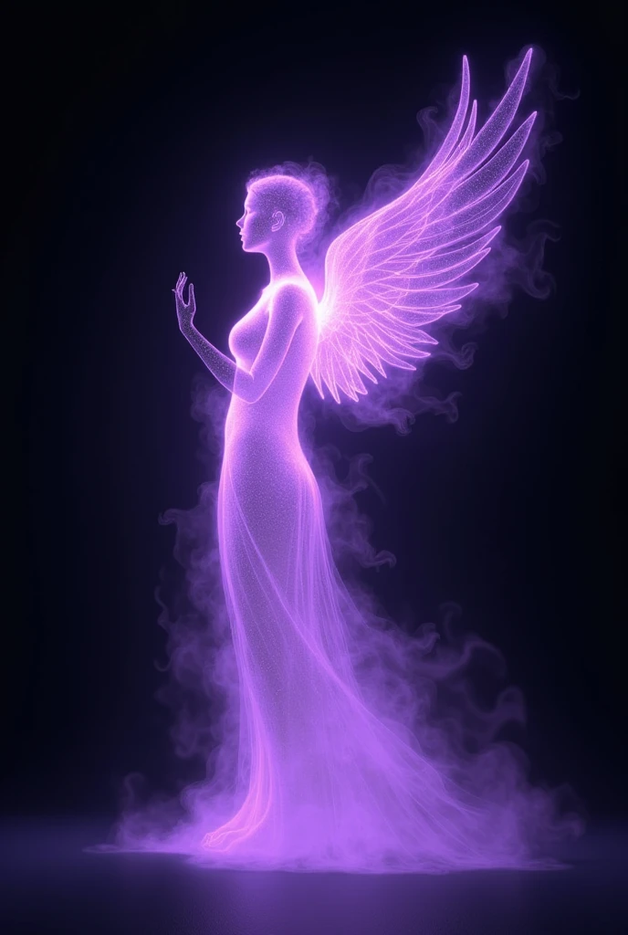 Luminous purple thread outlines an angel shape, glowing as if composed of mist, set against a pitch-black background, angelic form in ethereal mist, creating a contrast, captured in ultra high definition, ethereal, volumetric lighting.