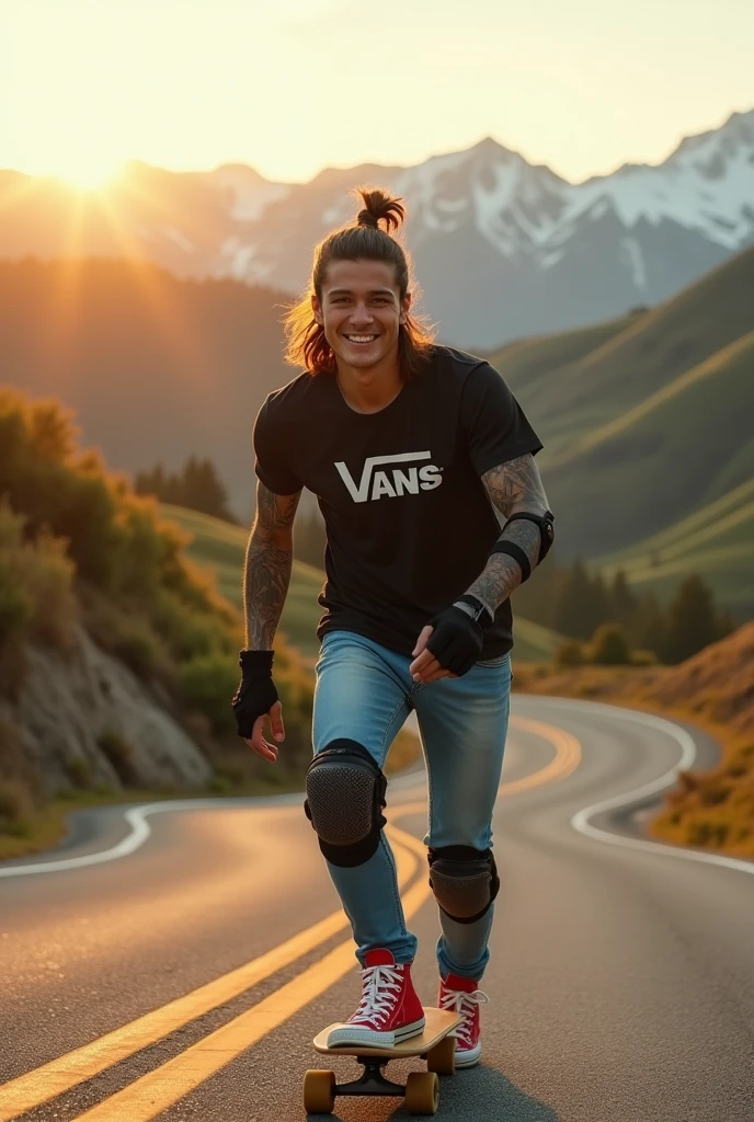 An adrenaline-filled shot of a Korean youn man with man bun hair covered in tattoos on his arms, confidently riding a skateboard down a winding mountain road, framed by the golden light of the setting sun. He is wearing a black t-shirt with a vintage VAN logo on his chest and a bag on his back, and denims jeans and use red converse shoes. The man dimple smiles at the camera, his hands protected by black gloves, adding a personal touch to the thrilling scene. He also wears knee and elbow pads, ensuring safety as he navigates the turns with ease. The background features rolling green hills and snow-capped mountains in the distance, creating a stunning contrast to the rider’s dynamic movements, amplifying the excitement. In the distance. The image exudes the thrill of downhill skateboarding, the beauty of the natural scenery, and the fearless energy of the rider, with an Instagram-worthy atmosphere.