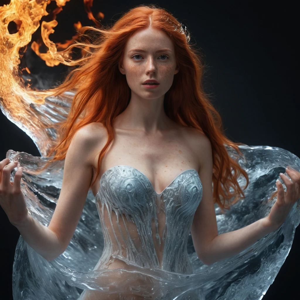 Fantasy Art, realist, Beautiful model presenting a dress made of ice and fire., (Best Quality, 4k, 8k, high resolution, masterpiece: 1.2), ultra detailed, (realist, fotorrealist, fotorrealist: 1.37), Hiperrealist, extremely detailed,  will radiate an unreal glow, long red hair in the air, with freckles, medium breasts, Your sensual curves will become almost transparent, including sound waves, create music, masterpiece.